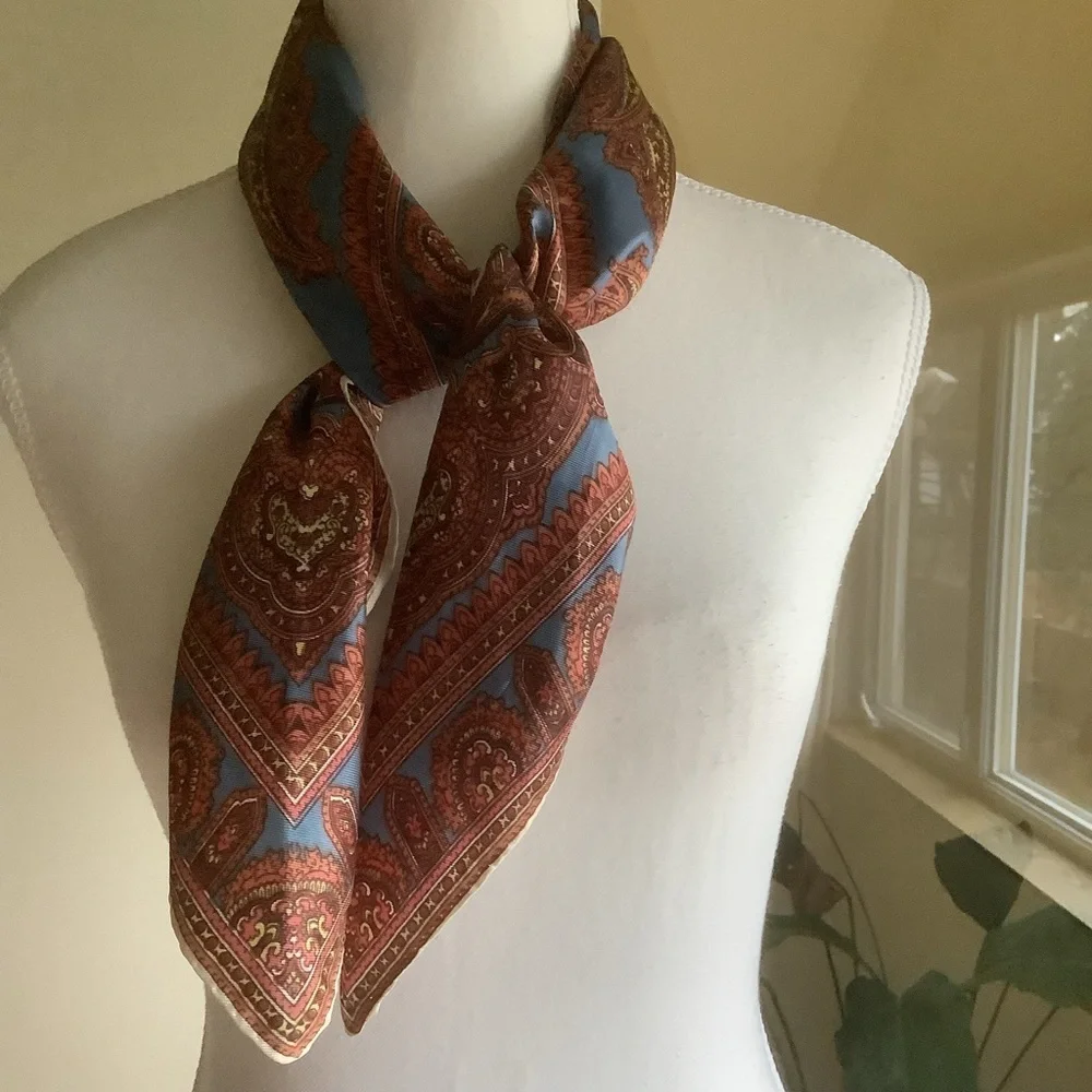 Blue/Bronze Paisley 27” Acetate Scarf Made in Japan